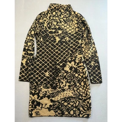 Venus Dress Large Black Gold Floral Print Mock Neck Long Sleeve Knit - Image 1 of 3