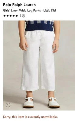 Polo Ralph Lauren, Pantalones de Lino para Niñas, Pierna Ancha, Preppy, Blanco, Talla 16 Niñas Foto 1 de 4