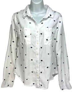 MIAMI Womens Blouse M White/Blue Embroidered Flowers Lyocell Long Sleeve Pockets - Picture 1 of 10