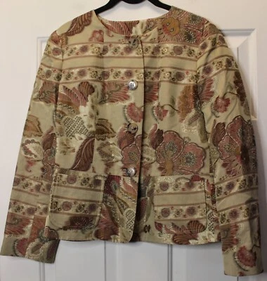 Etro Italia Seda Lino Beige Tapiz Rojo Marrón Chaqueta Blazer Forrado Floral 42 Foto 1 de 4