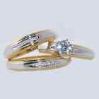 Diamond 14K Yellow Gold FN Trio His Her Bridal Wedding Band Lab-Created Ring Set
