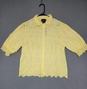 NWT~LIV LOS ANGELES Blouse MEDIUM Yellow Eyelet Short Sleeve Button Up - Picture 1 of 9