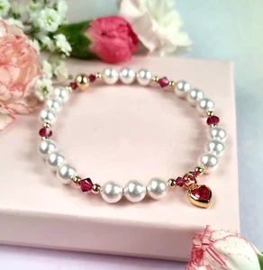 South Sea Shell Pearl ​Bracelet 24kt Gold genuine Ruby Crystal Heart charm