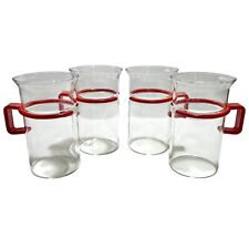 Vintage 1970s Bodum Bistro Coffee Mugs (4) Danmark Red Handle Clear Glass Cups