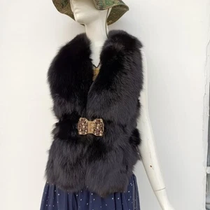 On Sales 100% Real Black Fox Fur Vest Small Size - Length 58cm Bust 85cm - Picture 1 of 9