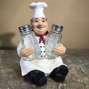 Sitting French Chef Pierre Holding Glass Salt and Pepper Shaker Set Excel. Cond.