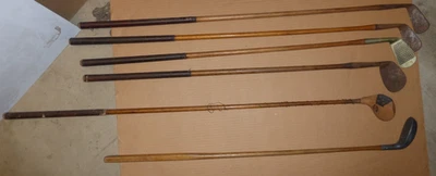 6 palos de golf vintage de eje de madera, driver, putter y fairway Foto 1 de 4