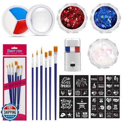Kit de maquillaje de Halloween de 19 piezas rojo blanco azul kit de pintura facial con plantilla brillante Foto 1 de 4
