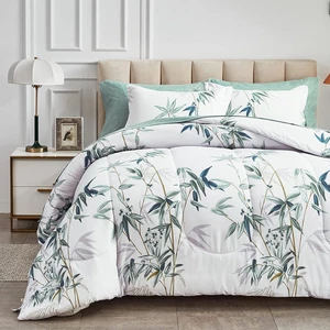 7 Pieces Bed in a Bag Queen Comforter Set with Sheets, Green Leaves on White Bot - Picture 1 of 7