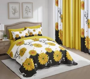 LORENA SUNFLOWERS YELLOW BEDSPREAD SHEET & BLACKOUT CURTAINS 10PCS CAL KING - Picture 1 of 2