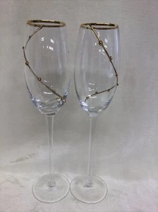 unique champagne flutes with gold rims and metal beaded trim decoration - Picture 1 of 7
