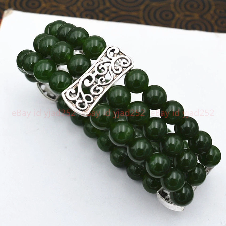  New 3row Women's Natural 8mm Dark Emerald Beads Stretch Tibetan Silver Bracelet - Image 1 of 4