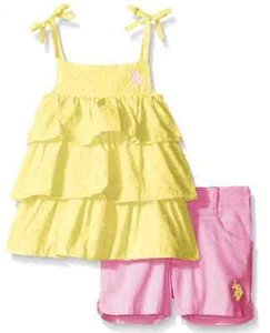 U.S Polo Assn. Baby Girls' Ruffled Dotted Swiss Tank Top and Washed Twill Short  - Picture 1 of 2