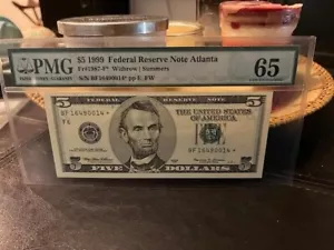 1999 $5 Five Dollar PMG GEM UNC 65 EPQ ATLANTA DISTRICT STAR NOTE 🌟 - Picture 1 of 3