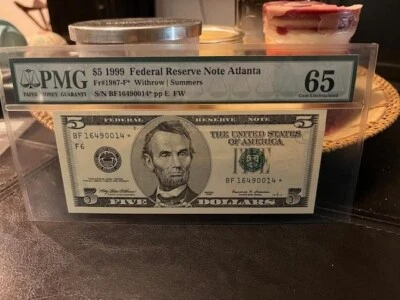 1999 $5 Five Dollar PMG GEM UNC 65 EPQ ATLANTA DISTRICT STAR NOTE 🌟  - Image 1 of 3