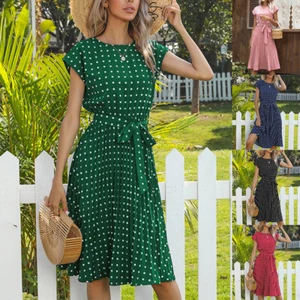 Women Polka Dot Short Sleeve Midi Dresses Ladies Summer Holiday Sundress Beach - Picture 1 of 38