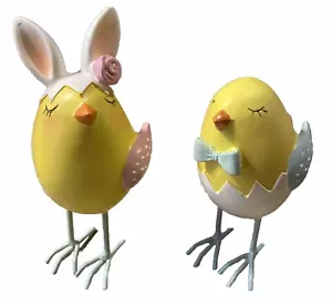 Set of 2: Novogratz Easter Decor Chicks Couple Metal Legs Pink Rose Blue Bowtie - Imagen 1 de 5