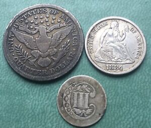 US 1856-1900 Silver Coins 1900s Quarter 1884 Dime 1856 3 cent