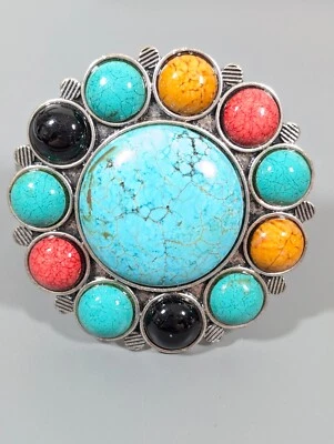 Pulsera Western Boho Imitación Turquesa Piedra Redonda Cabujón Rojo Negro Audaz Bisagra Foto 1 de 4