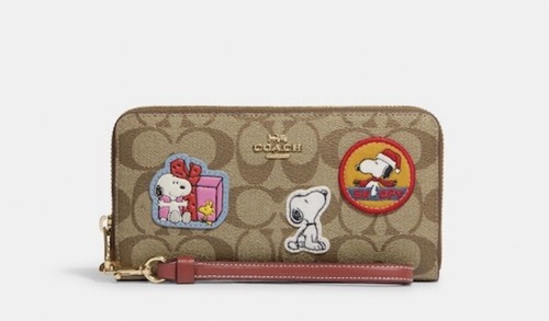 Portafoglio rotondo nuovo con etichette Coach CF218 X Peanuts con cerniera lunga in tela firmata con patch