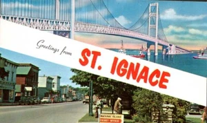 Banner postal cromado St. Ignace Michigan Upper Peninsula Mackinac Island - Imagen 1 de 2