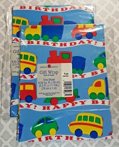 Vintage Gift Wrap Sheets Happy Birthday Cars, Trains, Buses+ American Greetings - Picture 1 of 2