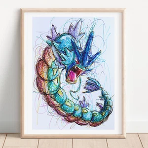 Gyarados Ballpoint Pen Art Print, Pokemon Art Poster - Picture 1 of 3