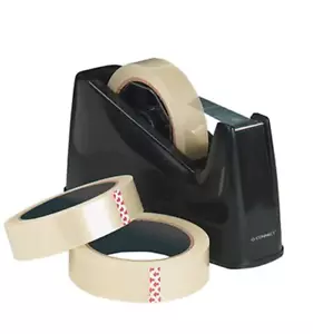 Q-Connect Plastic Tape Dispenser And 3 Rolls of Tape Non Slip Base Black - Picture 1 of 4