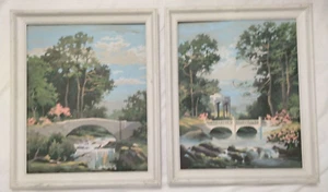 Paint by Number Landscape Bridge Waterfall 16X20 Wood Frames Vintage Set of 2 - Picture 1 of 7