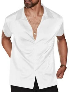 Mens Luxury Satin Silk Dress Shirts Casual Button Down Short Sleeve Prom Part... - Picture 1 of 6