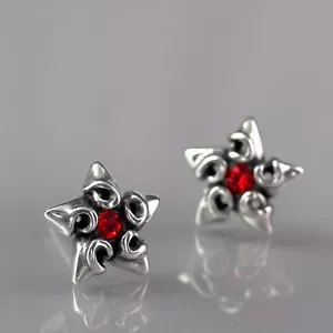 silver earrings pentagram five pointed star red crystal stainless steel stud  - Picture 1 of 4