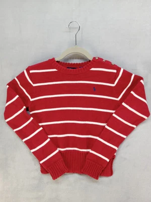 Ralph Lauren Youth Sweater Red/ White Striped w/Button Accent Size Large Cotton - Image 1 of 4