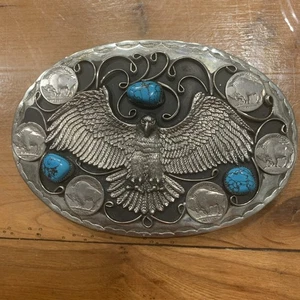 Fibbia cintura Navajo grande 6”X4” aquila turchese e nichel bufalo nativi americani - Foto 1 di 8