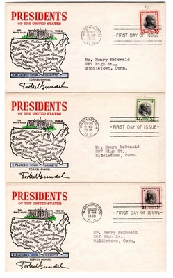 #832-34 Presidential Matched Set/3 $1, $2, $5 1938 FDCs - Unlisted Torkel Gundel - Image 1 of 2