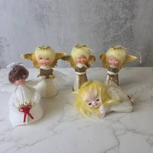 Vintage Angel Ornament Lot Sleepy Eyes Foil Wings - Japan Mini Tree Topper As Is - Picture 1 of 20