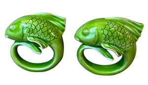 Set Of 2 Pottery Barn Bright Green Ceramic Fish-Shaped Napkin Rings - Picture 1 of 8