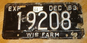 Vintage 1963 Wisconsin Farm Embossed Metal License Plate Tag 19208 (Rough) - Picture 1 of 2