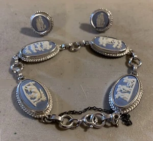 VINTAGE ENGLAND WEDGWOOD CAMEO BLUE WHITE STERLING SILVER 925 EARRINGS BRACELET - Picture 1 of 10