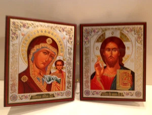 Russian Diptych Icon Virgin of Kazan and Christ the Pantocrat 9 2/8" x 5 3/8" - Picture 1 of 4