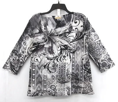 One World Shirt Women Size XL Black White Floral Beaded 3/4 Sleeve Casual Top - Image 1 of 4