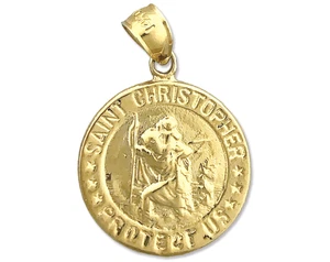 14K Gold 18MM Saint Christopher Medallion Protect Us Charm - Picture 1 of 6