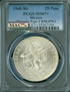 1968 MEXICO SILVER 25 PESO PCGS MS67 + PLUS PQ MAC SPOTLESS VERY RARE * - Picture 1 of 2
