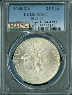 1968 MEXICO SILVER 25 PESO PCGS MS67 + PLUS PQ MAC SPOTLESS VERY RARE * - Image 1 of 2