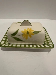 Large Covered Butter Dish With Green Checkered Pattern And Yellow Flowers - Picture 1 of 11