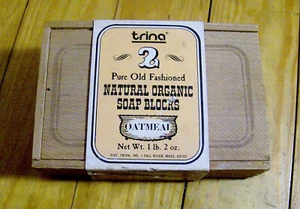 RARE vintage 1970s TRINA Natural Oatmeal SOAP BLOCKS unopened NEW IN WOODEN BOX - Picture 1 of 2