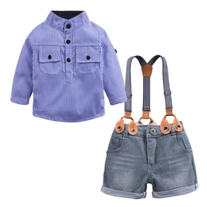 2PCS Toddler Baby Boy Outfit Stripe Tops+Suspenders Denim Shorts Kid Clothes Set - Imagen 1 de 10