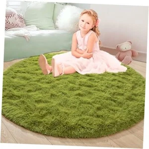 Round Rug Fluffy Soft Area Rugs for Kids Girls Room Princess Castle 3ft Green - Picture 1 of 7