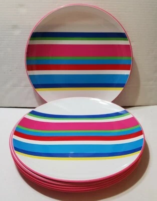 Cynthia Rowley Green Melamine Dinner Serving Plates 6PC Pink Stripe 11.75''  - Image 1 of 3