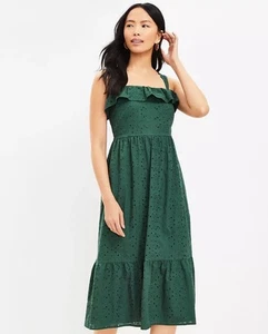 LOFT Women’s Emerald Green Eyelet Ruffle Square Neck Midi Dress, Size 12, NWT - Picture 1 of 12