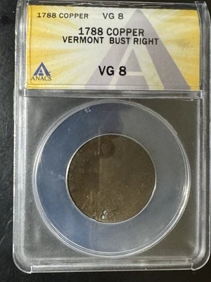 1788 Vermont Copper Bust Right ANACS VG8 Early American Colonial Coin - Image 1 of 3